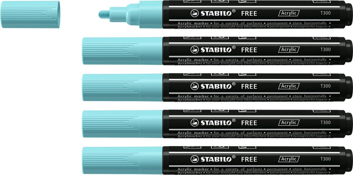 Stabilo FREE - Acryl Marker - T300 - Ronde Punt - 2-3 mm - IJs Blauw - Doos 5 stuks