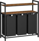 VASAGLE Panier à linge, 3 compartiments, avec 2 étagères, 120 litres, marron rustique et noir