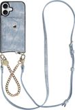 AVY Hoesje geschikt voor Apple iPhone 17 | Met Koord en Kaarthouder | Compatibel met MagSafe | Kunstleren Case met Polsand & Crossbody Koord & Wallet | Gold Denim Set | Denim