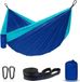 Ultralichte buitenhammock van nylon, type parachute, met touwomslagen. Reis-hammock voor gebruik buitenshuis en op het strand, met een draagvermogen van 450 pond (ongeveer 204 kg), in de kleuren grijs/blauw