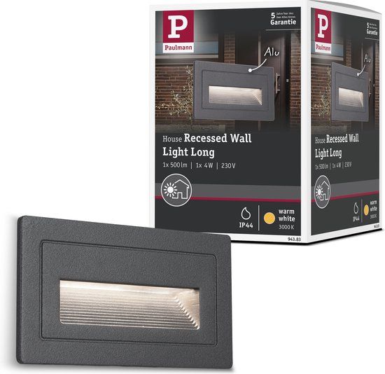 Paulmann Long LED Outdoor Wall Recessed Light - IP44 - Angular - 3000K - Black