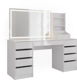 Vicco Table de maquillage avec lumière Sherry, Blanc/Blanc Laqué, 158,2 cm avec miroir LED