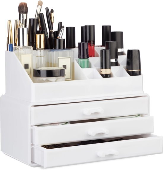 Relaxdays make-up organizer klein - stapelbaar - sieradendoosje - cosmetica - opbergbox wit