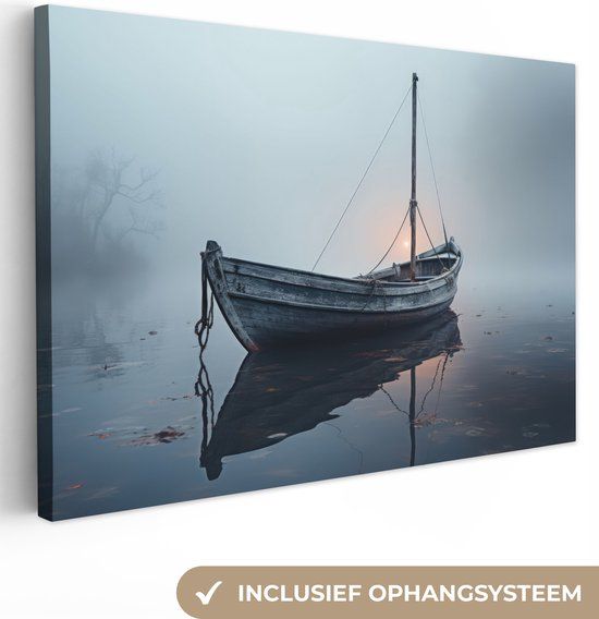 OneMillionCanvasses Canvas schilderij 150x100 cm - Boot - Mist - Water - Natuur - Multicolor