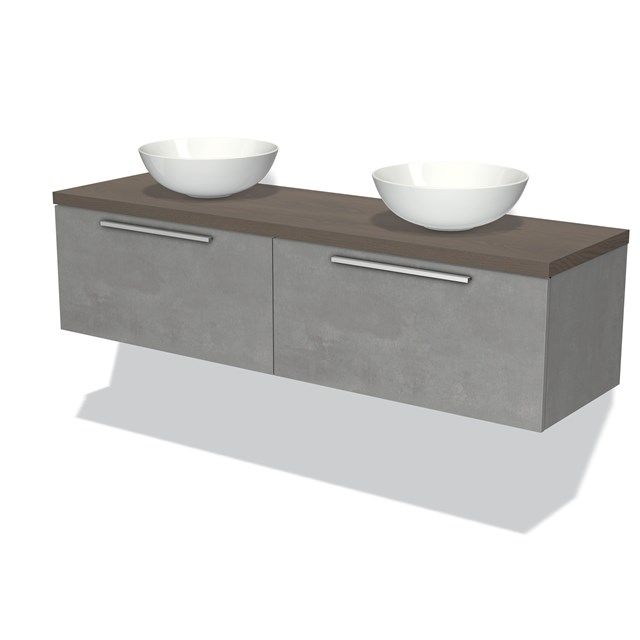 Maxaro Badkamermeubel Modulo Plato 160cm Lichtgrijs Beton 2 Lades Donkerbruin Eiken Blad