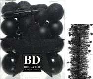 Shoppartners Bv Décoration de Noël boules de Noël en plastique 5-6-8 cm avec étoile, pointe et guirlandes en film étoiles, lot noir 35x pièces