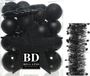 Shoppartners Bv Décoration de Noël boules de Noël en plastique 5-6-8 cm avec étoile, pointe et guirlandes en film étoiles, lot noir 35x pièces