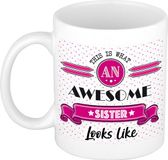 Bellatio Decorations Cadeau koffiemok voor een geweldige zus - roze - keramiek - 300 ml