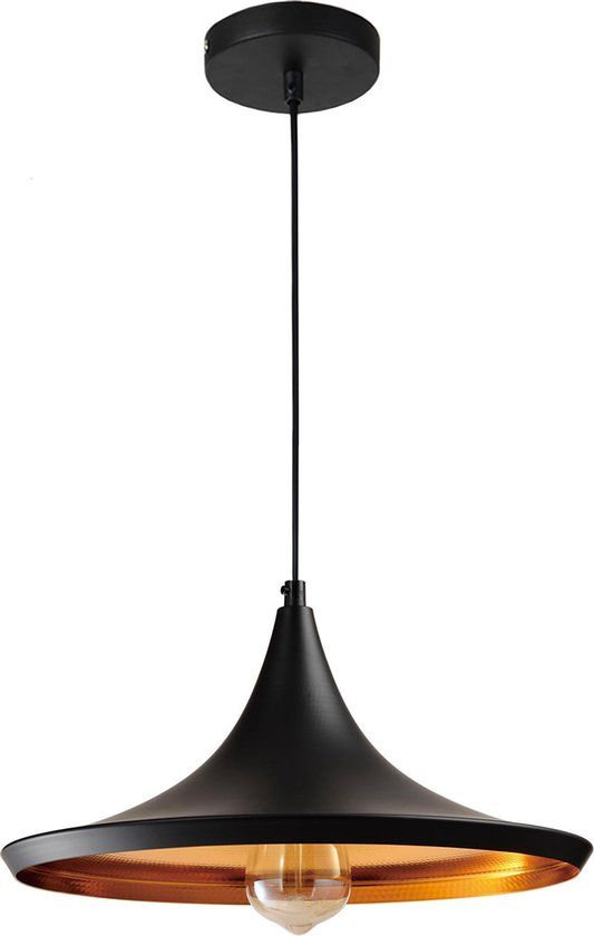 QUVIO Hanglamp modern - Kegelvormig met koperen binnenkant - Zwart - Diameter 36 cm