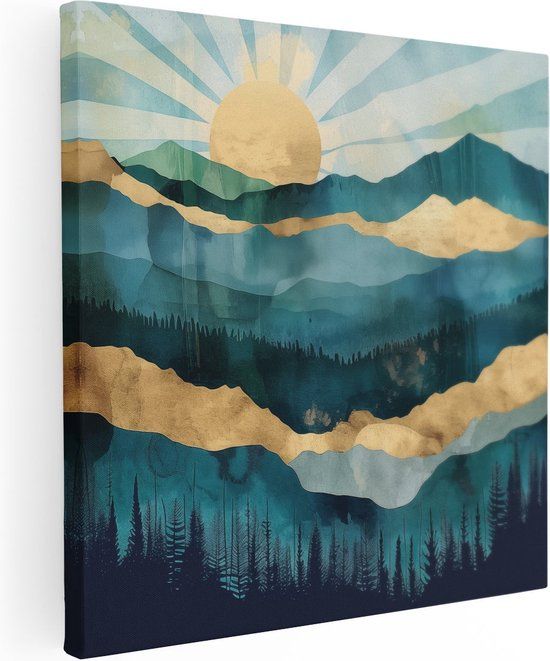 Artaza Canvas Schilderij Aquarelkunstwerk Bergen en Bomen 70x70 cm