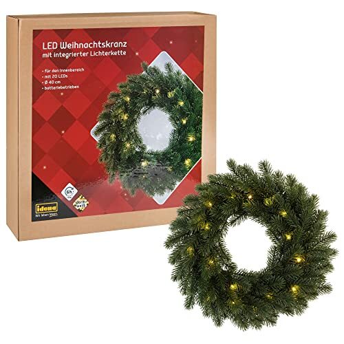 IDEAF Idena 30260 Led-kerstkrans met lichtketting en 20 leds in warmwit, 6 uur timerfunctie, werkt op batterijen, als deur- en tafeldecoratie voor de adventstijd en met Kerstmis