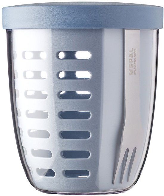 Mepal Ellipse fruit- & veggiepot, ideaal voor een groente- en fruitsnack onderweg, fruitpot met vorkje en vergiet, 600 ml, lichtblauw (Nordic blue)