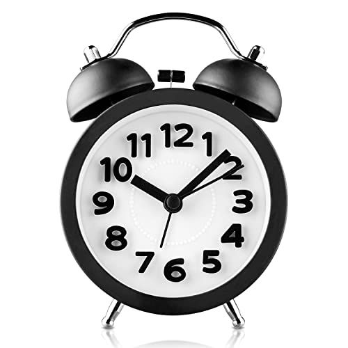 PILIFE 3\" mini niet-tikkende vintage klassieke bed- / analoge wekker met achtergrondverlichting, reisklok op batterijen, ronde en luide wekker met dubbele bel - zwart