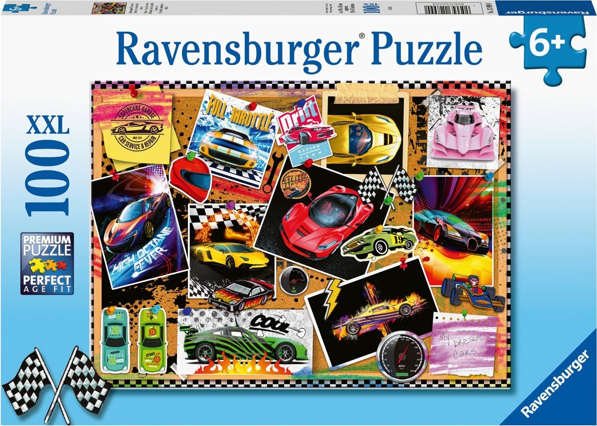 Ravensburger puzzel Prikbord met raceauto's - Legpuzzel - 100 stukjes