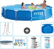 Intex Rond Frame Zwembad - 366 x 76 cm - Blauw - Inclusief Afdekzeil - Onderhoudspakket - Zwembadfilterpomp - Filter - Ladder - Voetenbad - 7-delig