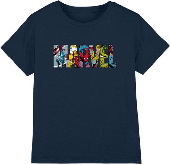 Marvel Logo Characters Kinder T-Shirt - Marineblauw - 12-13 jaar