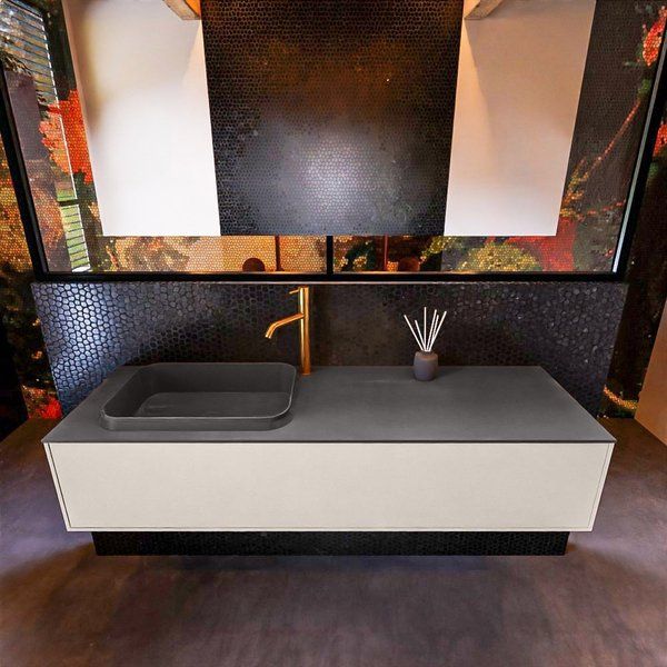 Mondiaz ERIN 150cm badmeubelset Linen met 1 lade + Wastafel RIDGE links Dark grey