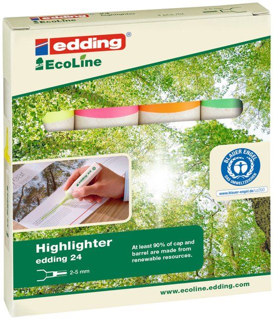 Edding EcoLine 24 markeerstift 4 stuk(s) Beitelvormige/fijne punt Blauw, Groen, Roze, Geel