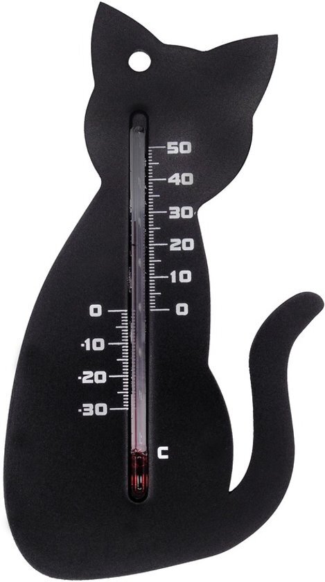 Ubbink Binnen/buiten thermometer zwarte kat/poes 15 cm - Tuindecoratie dieren - Katten/poezen artikelen - Buitenthemometers