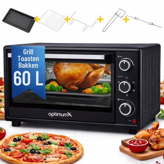 OptimumX Vrijstaande Ovens, 60 Liter Mini Oven – Convectie Oventje - Hetelucht - Draaispit - Timer - Zwart - 2200 Watt