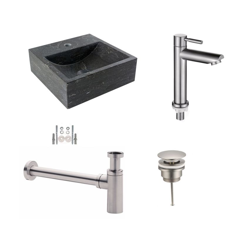 Badkamerplanet Fonteinset Hardstenen Square 30x30x10 cm met Kraan, Afvoer en Sifon RVS