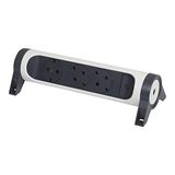 Legrand 694543, 3-voudige draaibare stekkerdoos, wand- of tafelmontage, led-aan/uit-schakelaar, zonder kabel, ultrawit/donkergrijs