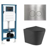 QeramiQ Dely Toiletset - inbouwreservoir Qeramiq Flush - slim zitting - metaal RVS bedieningsplaat - ronde knoppen - mat zwart
