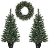 Black Box Trees Glendon Kerstboom en Kerstkrans Set - 2 Kunstkerstbomen en 1 Krans met LED Verlichting - Groen