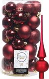 Decoris Boules de Noël 30x pièces - Rouge foncé 4/5/6 cm Plastique Mat/Brillant/Paillettes Mix et Étoile en verre mat 26 cm