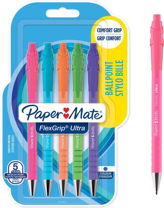 Paper Mate Flexgrip Ultra Balpen - Retro Kleuren - Blauwe Inkt - 5 stuks