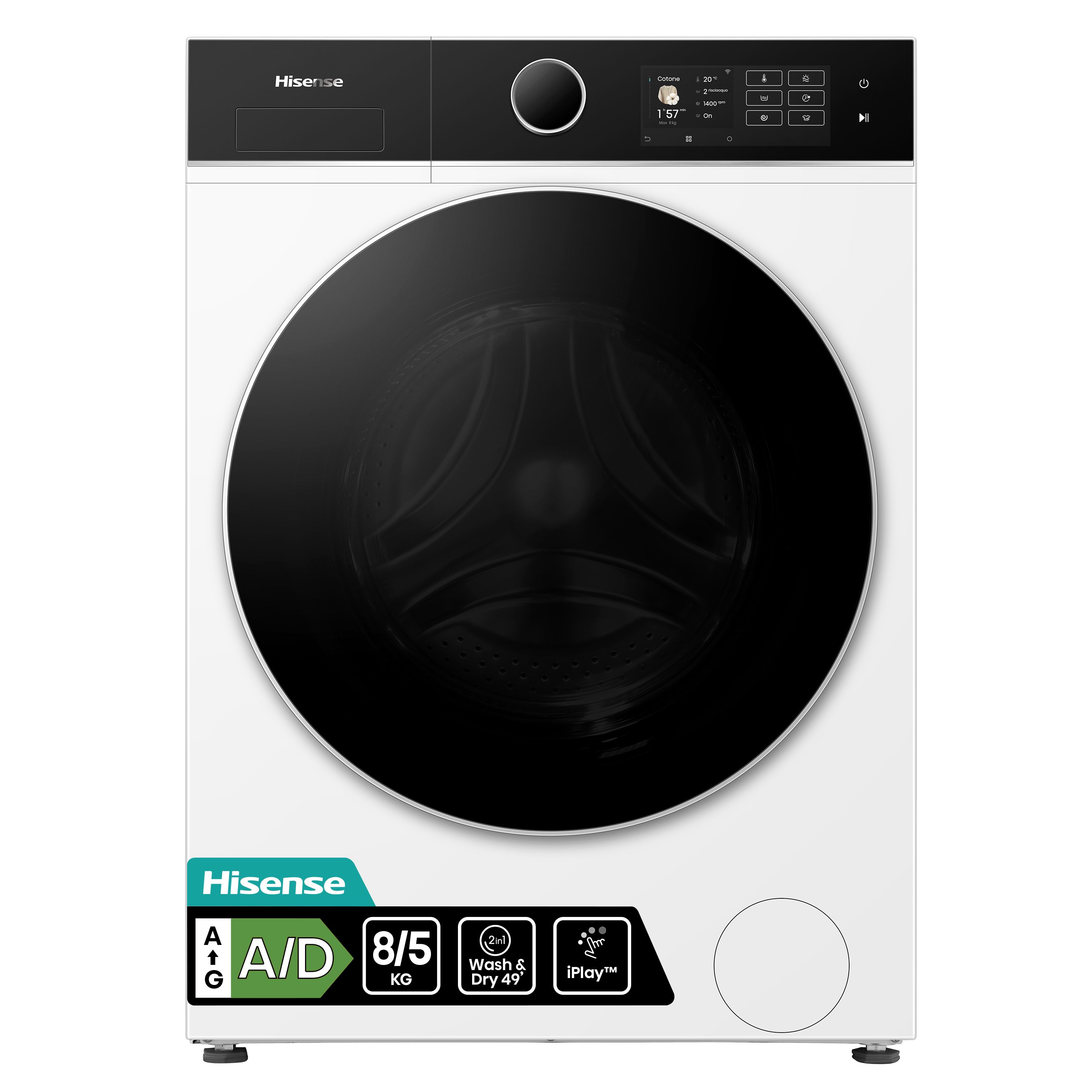 Hisense WD5I8043BWF Was-droogcombinatie - 8/5 kg, 1400 toeren, Slimline, Energieklasse A(-30%), WiFi, Stoomfunctie