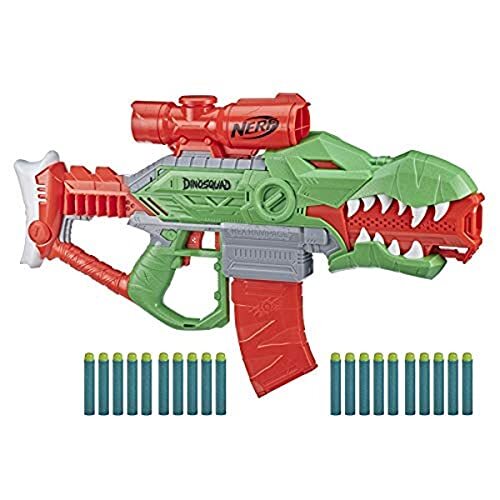 NERF Gemotoriseerde DinoSquad Rex-Rampage-dartblaster, magazijn met 10 darts, 20 officiële Nerf-darts, opbergruimte voor 10 darts, T-Rex-dinosaurusdesign