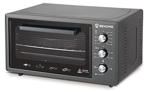 BEHOME Elektrische oven, 48 liter, zelfreinigend, met binnenverlichting, temperatuur tot 320 °C, dubbel glas, hittebestendig, timer 2 bakvormen en 1 rooster (zwart)