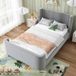 StarTech Kinderbed - Gestoffeerd enkelbed in de vorm van een slee - 90 x 200 cm - Fluweelbekleding - Opbergruimte - Houten frame - Kosmisch patroon - Grijs
