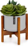 Fox & Fern Plantenstandaard met bloempot, Stijlvolle plantenstandaard hout, Stabiele plant stand, Plantenstandaard van duurzaam hout, Bloempot standaard van acaciahout, Plantenstandaard modern