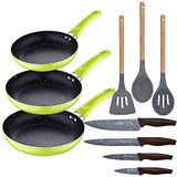 3-delige braadpannenset (20 + 24 + 28 cm) groen geperst aluminium met 3 keukengerei van silicone hout met 4 messen van roestvrij staal