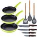 3-delige braadpannenset (20 + 24 + 28 cm) groen geperst aluminium met 3 keukengerei van silicone hout met 4 messen van roestvrij staal