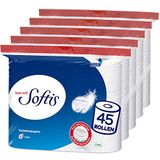 Softis 4-laags toiletpapier, verpakking met 45 rollen (5 x 9 afzonderlijke verpakkingen), 100 vellen per rol, uniek softkamersysteem, recyclebare verpakking, FSC-gecertificeerd papier