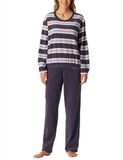 SCHIESSER Dames Pyjama Lang Gestreept Indigo Blauw 80% Katoen 20% Polyester