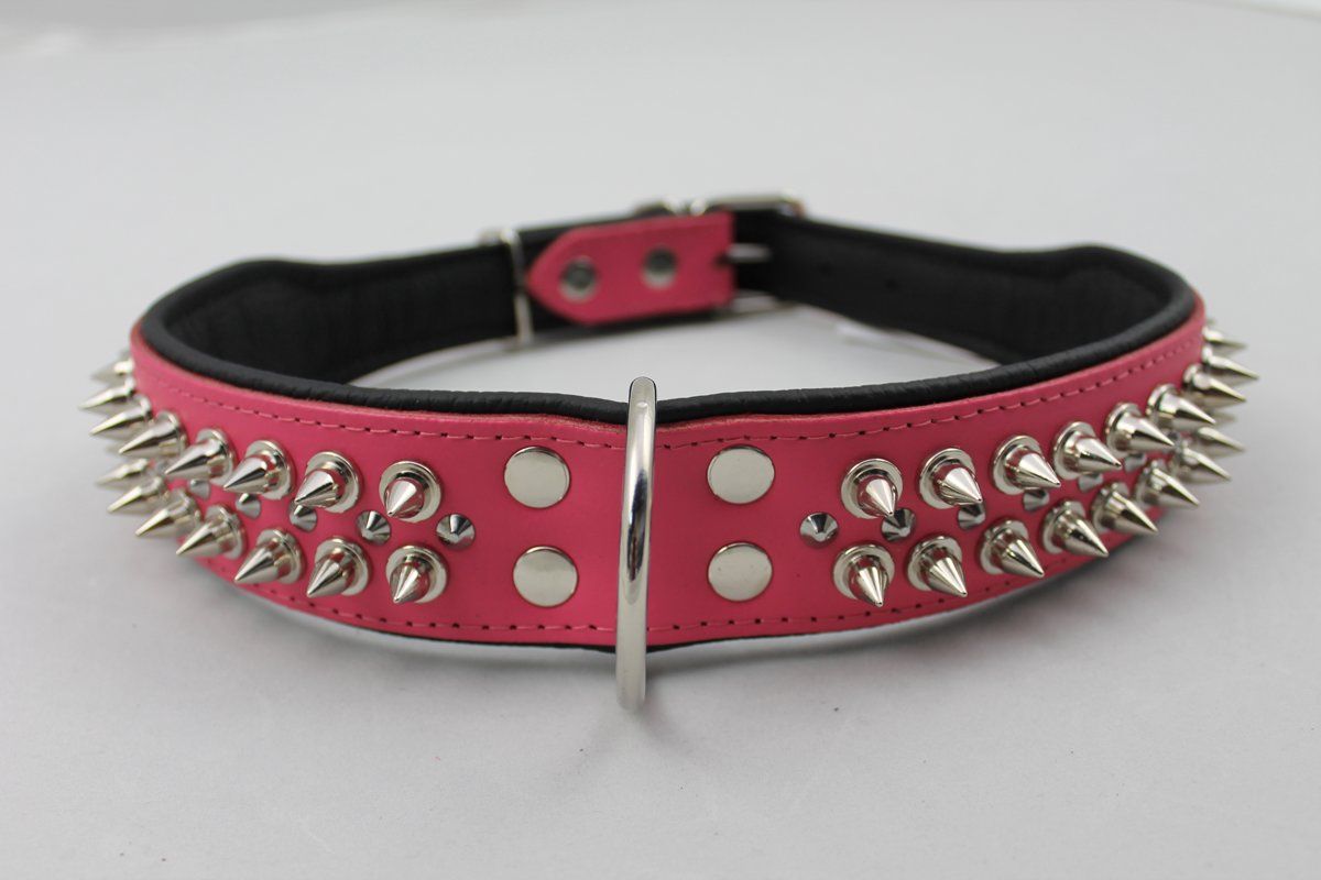Dog's Companion Leren Halsband - met spikes - 51-60 cm x 50 mm - Roze/Zwart