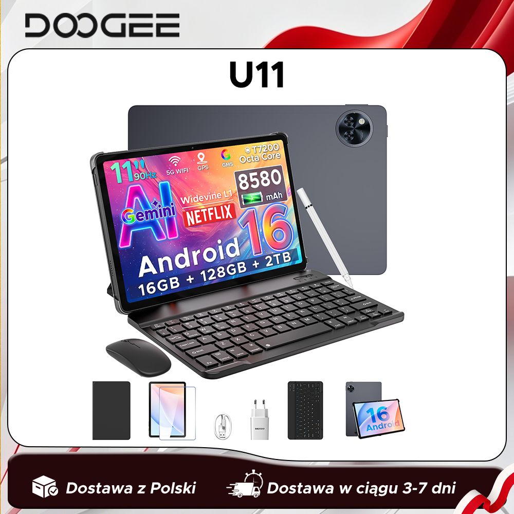 DOOGEE U11 Android 16 Tablet 11'' Ultra-helder 90Hz scherm 4GB RAM 128GB ROM 8580mAh batterij Dubbele luidspreker Ondersteunt Widevine L1