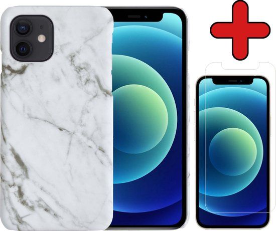 iPhone 12 Case - Marble Hardcover Fashion Case with Screen Protector - White