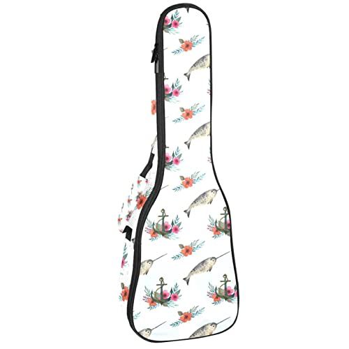 Mersov Tenor Ukulele Gigbag Waterdichte Ukelele Case Gewatteerde Rugzak, Geweldig voor Sopraan Concert (21/23/24") Aquarel Zwaardvis & Bloemen Anker