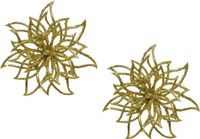 Merkloos Decoris Decoratie bloem - 2x stuks - goud - op clip - 14 cm - glitter - kerstversiering