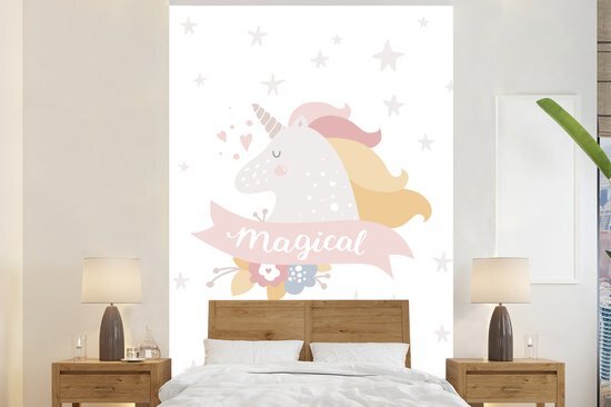 Nr1Wallpaper Behang - Fotobehang Kinderillustratie van een eenhoorn met de quote Magical - Breedte 200 cm x hoogte 300 cm