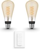 Philips Hue Uitbreidingspakket - E27 - met 2 Filament Edisonlampen Groot (ST72) - Warmwit Licht - Incl. 1 Hue Dimmer Switch - Hue White Filament