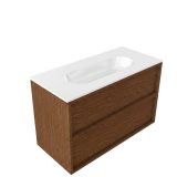 Saniclass Holz Frame Badkamermeubelset - 100x45x73.9cm - Chaci keramische wastafel wit - 1 wasbak - 1 kraangat - 2 lades - mat walnut pure (hout) SW1578599/SW718718