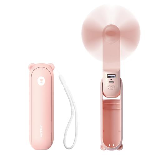 JISULIFE Mini-handventilator, 3-in-1, oplaadbaar, ventilator op batterijen [12-19 uur werk] met powerbank, zaklamp-roze functie