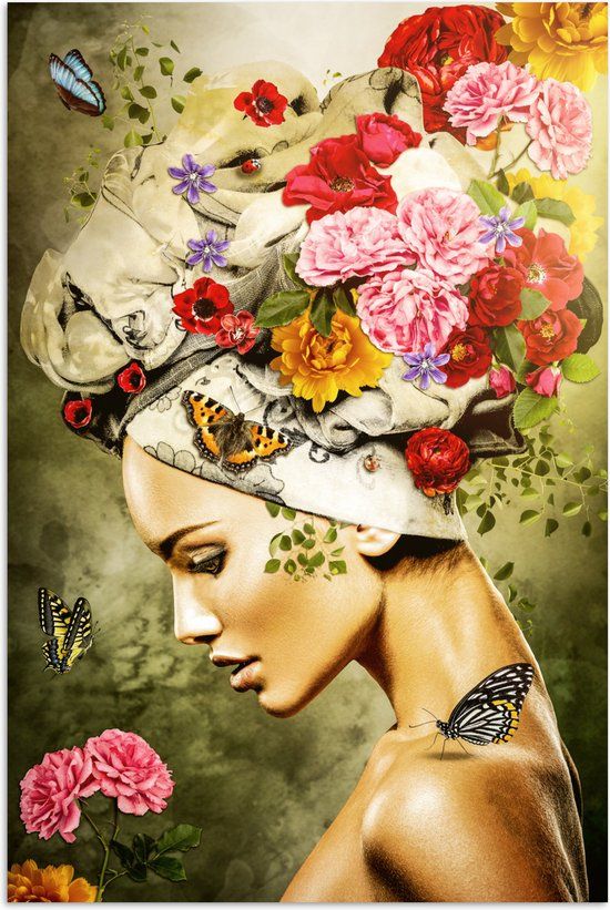 PosterMonkey Poster 20x30 cm - Woman, Flowers, Colors, Butterflies, Roses - Wall Decoration