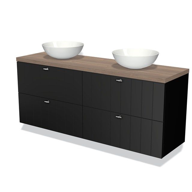 Maxaro Badkamermeubel Modulo Plato 160cm Mat Zwart 4 Lades Lamel Middenbruin Eiken